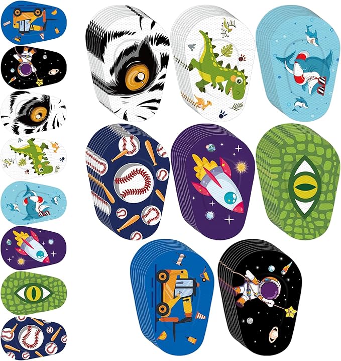 Siifert 80 Pcs Latex Free Adhesive Eye Patches for Kids Latex Free Disposable Cute Adhesive Bandages for Amblyopia Light Blocking Lazy Eye Toddler Boys Girls, 8 Styles