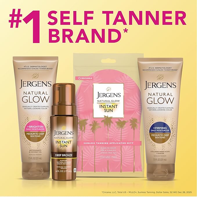 Jergens Natural Glow +Firming Self Tanner Body Lotion, Medium to Deep Skin Tone, Sunless Tanning Moisturizer with Collagen and Elastin, Helps to Visibly Reduce Cellulite, 7.5 Oz, Pack of 2