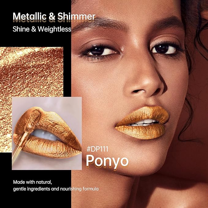 Depuplum Gold Lipsticks for Women Metallic Lipstick Long Lasting Shimmer Lip Gloss Metal Shine Glitter Waterproof Lipsticks Full Coverage Lip Color for Mother's Day,DP111 Ponyo