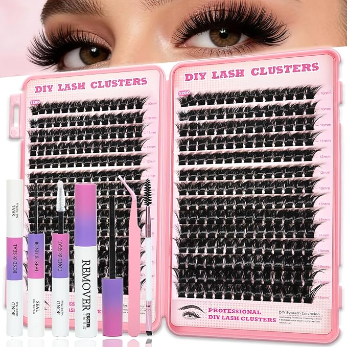 Manga Lash Clusters Kit, 392 Pcs Fluffy Eyelash Clusters Extensions 120D+120D D Curl Individual Wispy False Eyelashes Kit with Lash Bond, Lash Remover, Lash Tweezers, Lash Brush(Lash Clusters10-18mm)
