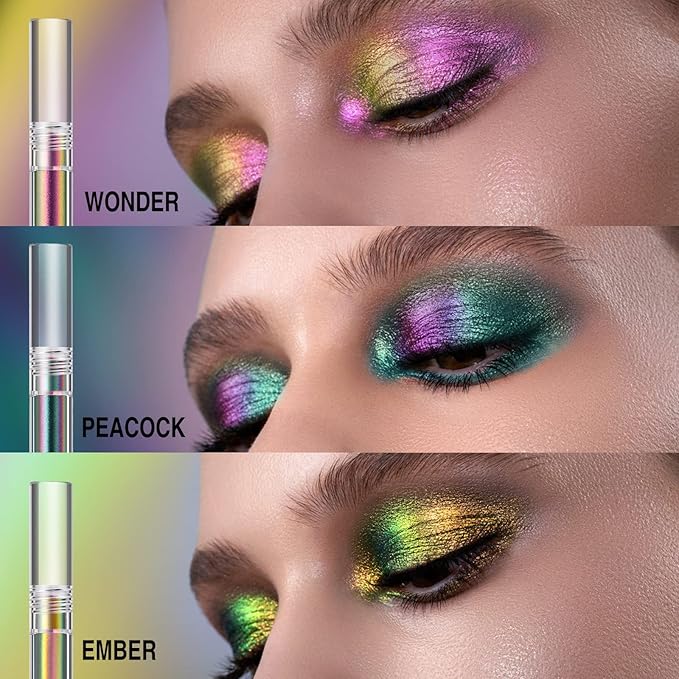 Metallic Liquid Chameleon Eyeshadow, Multi-Dimensional Eye Looks, Long-lasting Holographic Glitter Multichrome Eyeshadows Makeup (#Peacock+Wonder+Ember)