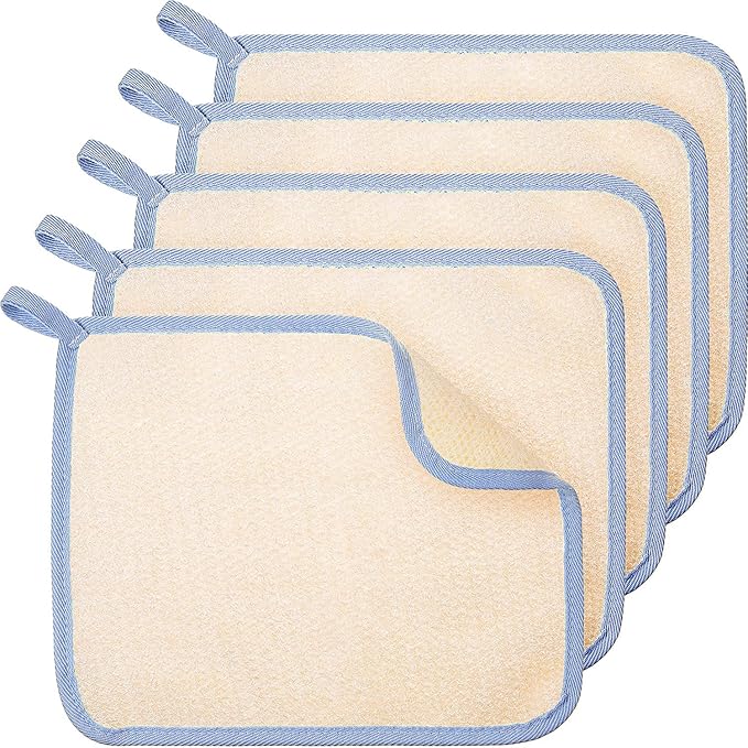 Tatuo 5 Pcs Exfoliating Face and Body Wash Cloths Towel Weave Bath Exfoliating Scrub Massage Bath Cloth for Women and Men, 10.23 x 8.66 Inch(Blue Edge)