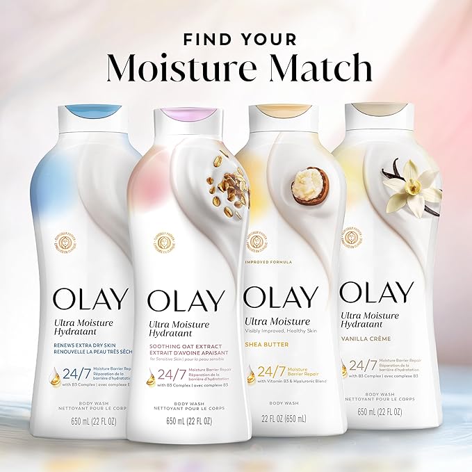 Olay Body Wash for Women, Ultra Moisture, For Sensitive Skin, Soothing Formula, 24hr Moisturizing, Hydrating & Refreshing, B3 Vitamin Complex, Free of Parabens & Phthalates, Oat Extract Scent,22 fl oz