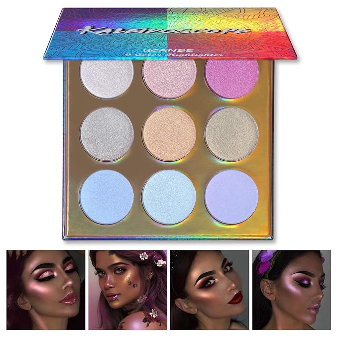 UCANBE Kaleidoscope Holographic Highlighter Makeup Palette Kit, 9 Color Polarized Shimmer Illuminating Glow Highlighting Bronzers Powder Set, Laser Outer Packaging with Mirror Cosmetics