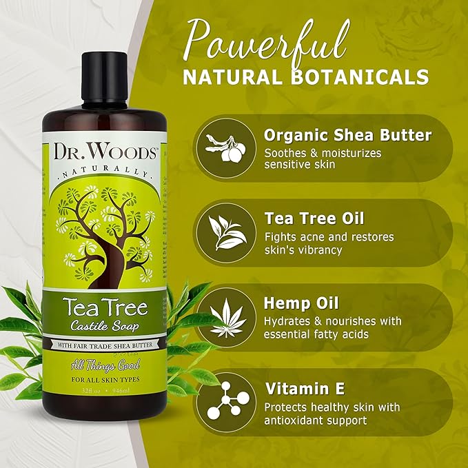 Dr. Woods Tea Tree Liquid Castile Soap - Castile Soap with Pure Tea Tree Oil, Body Wash for Men and Women, Organic Shea Butter, Natural Cleaner for Face, Hands, and Body - 32 Fl Oz, Pack of 2
