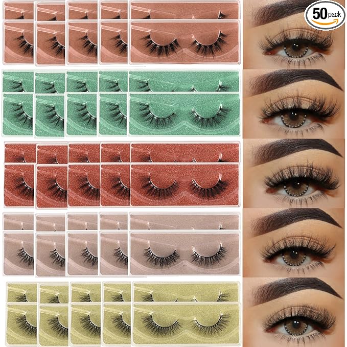 APCYUST Lashes Bulk 50 Pair Wholesale Short Lash Natural Look Fluffy Mink Eyelashes 5D Faux Mink False Lash Cat Eye Fake Eyelash Soft Wispy Strip Eye Lashes with Individual Portable Lash Pack