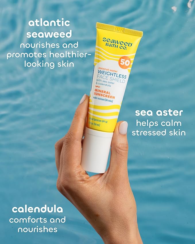 Seaweed Bath Co. Weightless Face Shield SPF 50- Lightweight Mineral Sunscreen with Zinc Oxide - Daily Hydrating Facial SPF Serum & Water Resistant Facial Moisturizer 1.7 Oz.