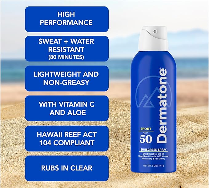 Dermatone Sport Sunscreen Spray SPF 50 | Broad Spectrum, Moisturizing, Water-Resistant | With Vitamin C, Aloe & Vitamin E | Oxybenzone & Octinoxate Free - Hawaii Act 104 Compliant | 5oz