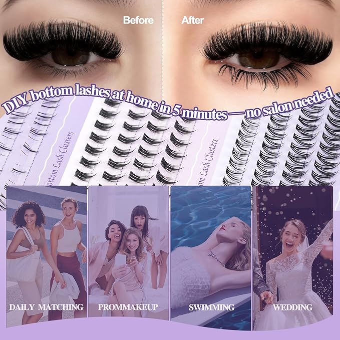 B&Q Bottom Lashes Clusters 3 Styles Spikes and Bottom Lash Clusters 180PCS Bottom Eyelashes Natural, Manga & Dramatic Bottom Lashes Individual Invisible Band 6-8MIX with Bottoms for Under Eye Makeup