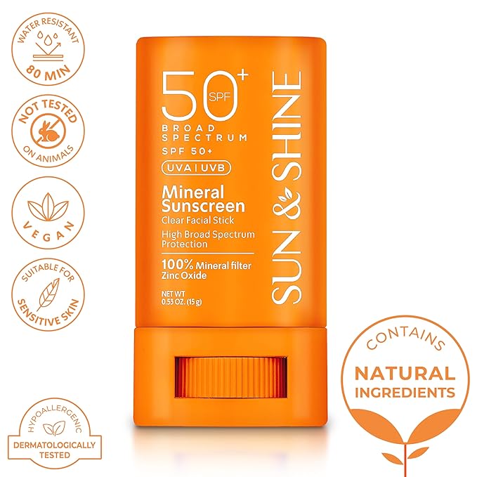 SUN&SHINE Sun & shine clear Mineral STICK sunscreen SPF 50+ Sunscreen Face Stick | Vegan, Reef safe |sensetive skin Broad Spectrum Natural Sunscreen Fragrance free, Dermatological tested