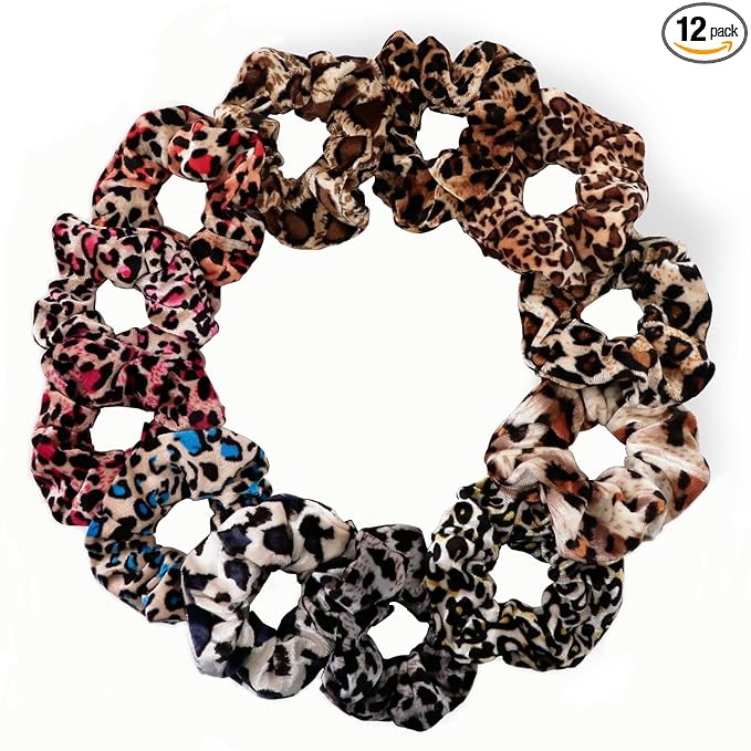 12 Pcs Scrunchies for Women, Girls Velvet Bulk Hair Scrunchie, Elastic Soft Ponytail Holder Hair Ties, Classic Hair Bands Perfect for Girls Hair Accessories(Leopard Print)