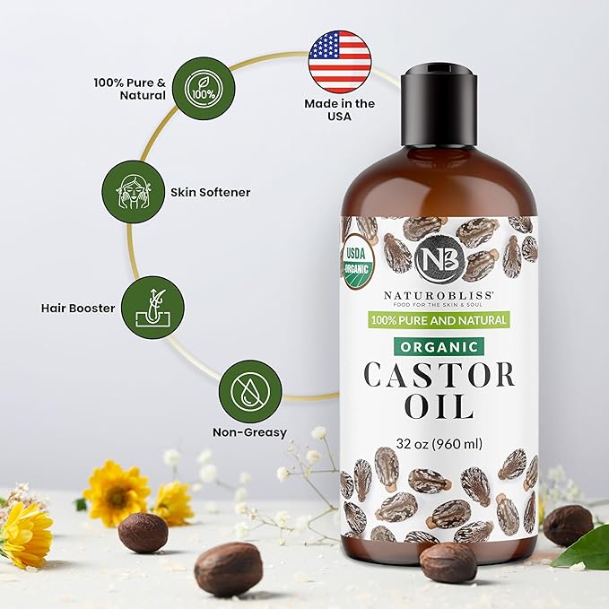 NaturoBliss 100% Pure Organic Castor Oil – Expeller-Pressed & Hexane-Free – Professional/Salon Size for Hair, Skin, Lashes & Brows, with Beauty Starter Kit – 32 fl oz (Bulk Value)