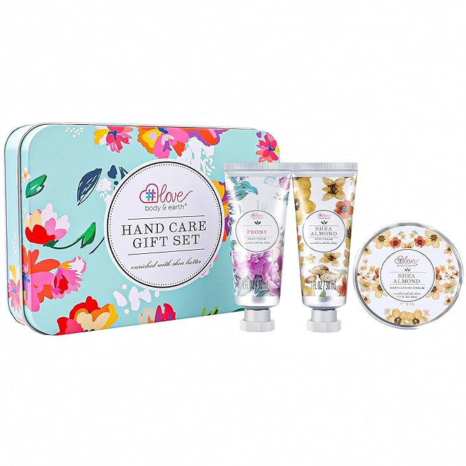 BODY & EARTH # LOVE Hand Cream Gift Set for Women,Mothers Day Gifts for Mom,Hand Lotion Travel Size,Hand Care Set with Hand Cream & Exfoliating Cream with Shea Butter,Nurses Appreciation Gifts Teacher