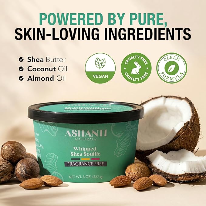 Ashanti Naturals Scented Whipped Shea Butter | African Body Butter for Men w/Coconut and Almond Oil (Fragrance Free Souffle, 8 oz)