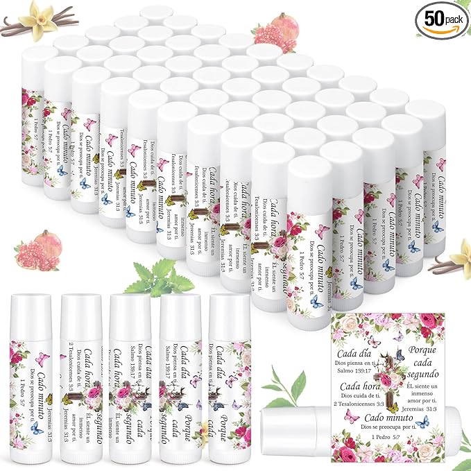 50 Pcs Christian Gifts for Women Spanish Religious Lip Balm Bulk Bible Verse Spanish Mother's Day Gifts for Women Faith Religious Scripture Church Party Favor for Teacher Coworker Employee