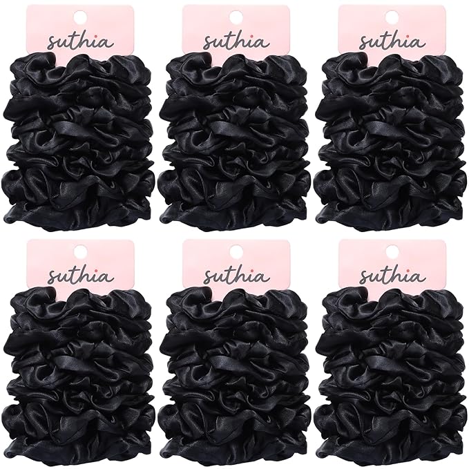 Satin Scrunchies for Women, Girls & Kids 60 Bulk Pack, Silk Hair Ties No Damage, Black Scrunchie for Sleeping, Silky Ponytail Holders Scrunchy for Thick, Curly, Medium, Thin, Fine Hair Non Slip