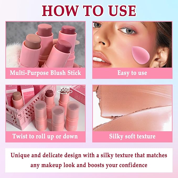 3 Colors Blush Stick with Makeup Sponges,Matte Solid Cream Blush,Multi-Use Blush Stick for Cheeks,Lips and Eye,High Pigmented Makeup Sticks Set A2