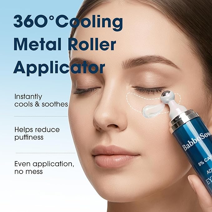 Eye Cream for Dark Circles, 5% Caffeine Retinol Under Eyecream for Anti Aging Wrinkles Eye Bags Puffiness, Multi Peptide Hydrating Treatment Eye Cream with 360° Massage Roller, Brightens, 0.75 Fl.oz