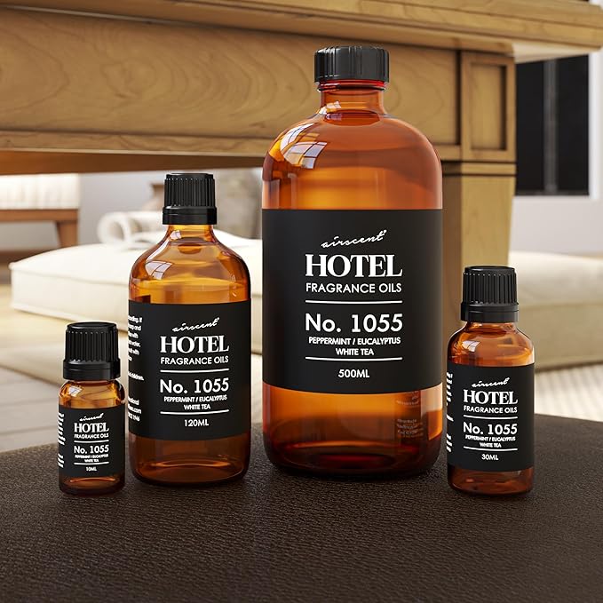 AirScent Hotel Diffuser Oil No. 1055 - Peppermint Eucalyptus White Tea - Premium Fragrance Oil for Ultrasonic and Waterless Diffusers and Crafting - 30 mL, 1 fl oz Glass Dropper Bottle