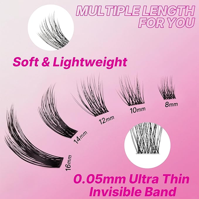 VEYESBEAUTY Lash Clusters Individual Eyelash Extensions Thin & Invisible Band DIY False Eyelashes for Self-application Newbie's Five-Second Series Wispy Lash Tray, Dreamy 14mm Single Length