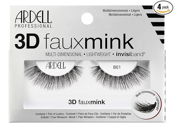 Ardell False Eyelashes 3D Faux Mink Lashes, 861 - Lightweight Reusable Strip Lashes with Invisiband, Ultra-Fluffy Volume for a Bold and Dramatic Look, 4 Pairs