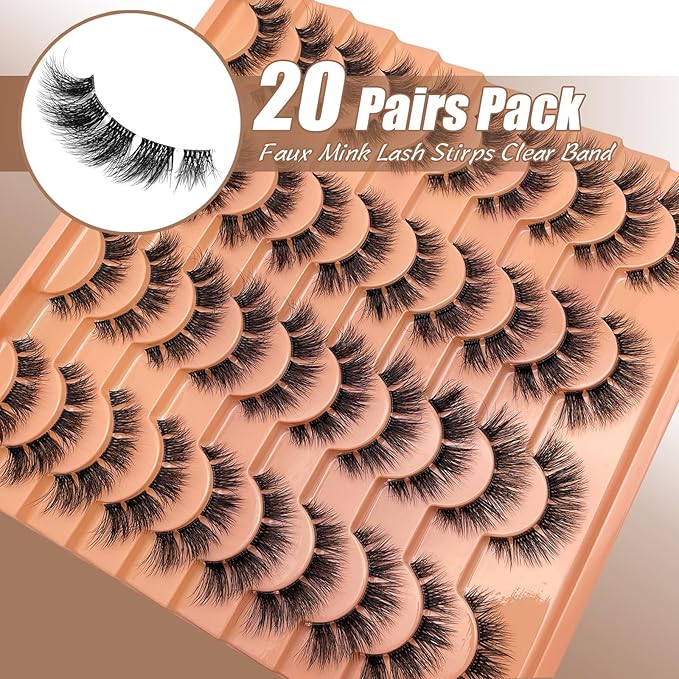 Fake Natural Lashes Wispy Short Fluffy Mink EyeLashes Clear Band C Curl 16mm 3D Faux Mink Eyelash Strips Soft Cat Eye Natural Look Lahses Pack YH303