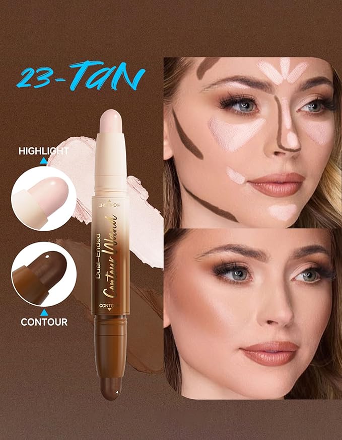 Erinde Dual-Ended Contour Stick, 2-In-1 Nose Contour & Highlighter Pen, Creamy, Buildable and Easy to Apply, Long Lasting Waterproof Cream Bronzer & Highlight Sticks, 23 Tan