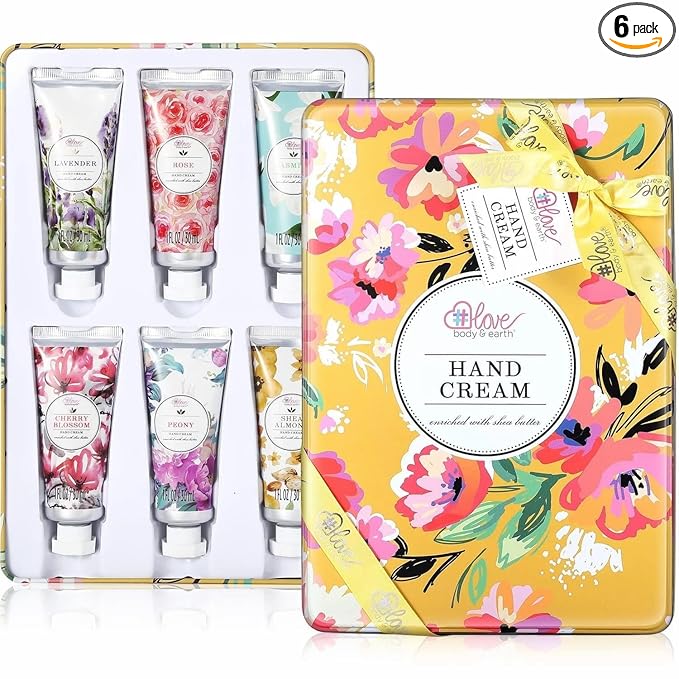 BODY & EARTH # LOVE Hand Cream Gifts Set for Women, Mothers Day Gifts for Mom, Moisturizing Hand Lotion Travel Size for Dry Cracked Hands, Shea Butter & Lavender Hand Cream Gift Set, 6 x 1 OZ