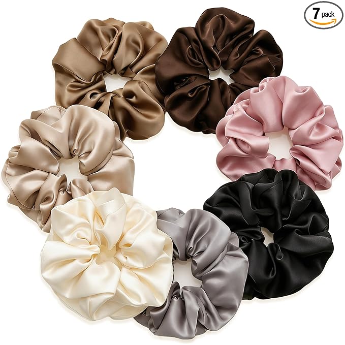 7PCS Premium Big Satin Hair Scrunchies for Women, 5 Inch Large Soft Scrunchies Hair Ties for Thick Hair, Elastic Ponytail Holders Hair Accessories for Women, Neutral
