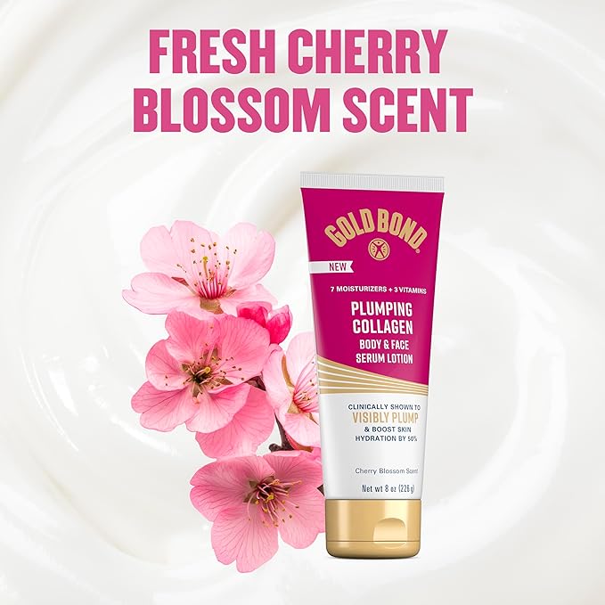 Gold Bond Plumping Collagen Body & Face Serum Lotion, Lightweight Hydrating Moisturizer with Collagen Peptide Complex, Jojoba and Grapeseed Oils to Visibly Plump Skin, Cherry Blossom Scent, 8 oz