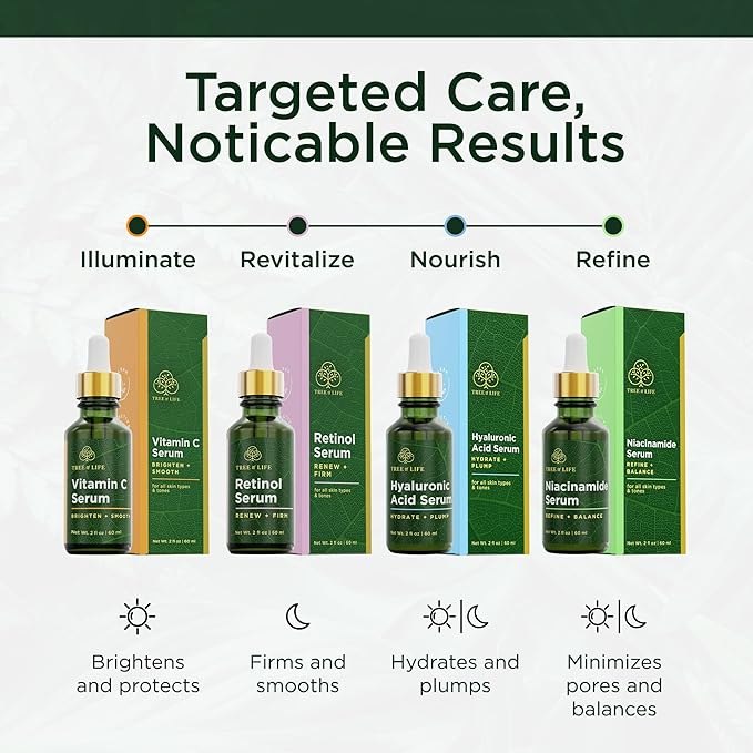 Tree of Life Beauty Facial Skin Care Set, Brightening, Firming, Hydrating, Dry Face, Dermatologist Tested - Vitamin C and Hyaluronic Acid Facial Serum - Skin Care Kit, 2 count of 1 Fl Oz
