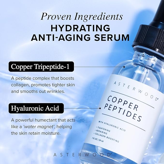Asterwood Copper Peptides Serum for Face - Tightening, Repairing, Collagen Boosting - with GHK-Cu Peptide and Hyaluronic Acid - 8 Fl Oz