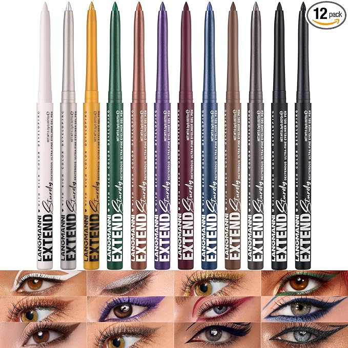 LANGMANNI 12Pcs Metal Colorful Eyeliner Pencil Set - Matte & Shimmer Eye Makeup,Smooth Use Long-Lasting & Waterproof Eyeliner Set