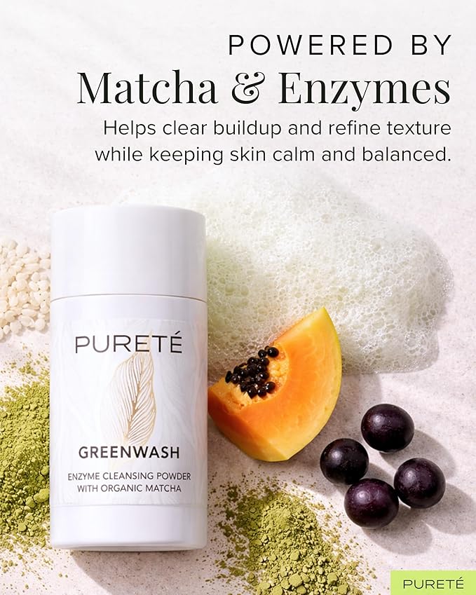 Pureté Greenwash Enzyme Cleansing Powder for Face | Ceremonial Matcha Powder-to-Foam Cleanser | Water-Activated Gentle Exfoliating Face Wash | Made in Japan | 1.4 oz