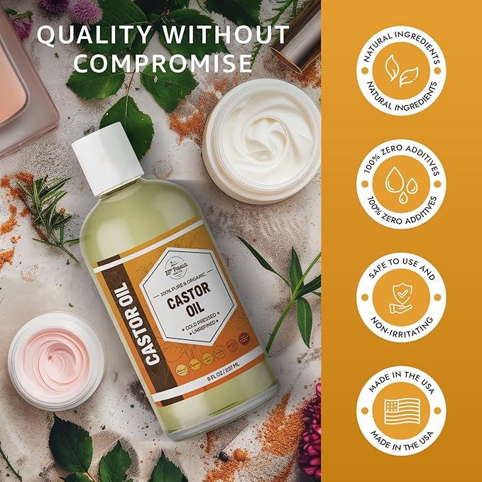 CASTOR OIL ( 16 oz ) Premium Cold Pressed Unrefined | Hexane Free | 100% Natural Promotes Healthy Skin & Hair | Thickens Eyebrows Lengthens Eyelashes | Strengthens Nails Cuticles | Massage | 16 FL OZ