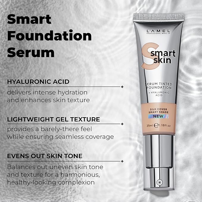 LAMEL Smartskin Serum Tinted Foundation - Hydrating & Nourishing - Hypoallergenic & Skin-Caring - Color Correcting - Anti-Aging Formula with Hyaluronic Acid - 402, 1,18 fl.oz