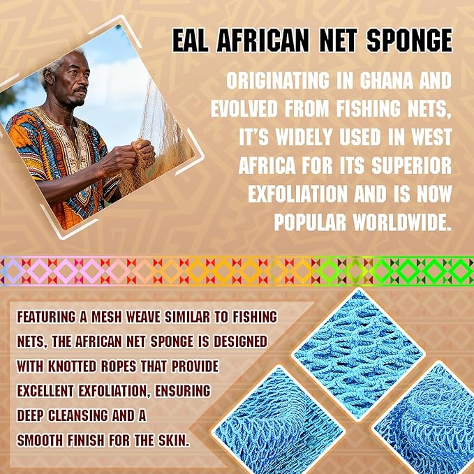 Real African Net Sponge - 2 Pieces Premium Body Exfoliator - Gentle Scrub for Dry/Sensitive Skin - Durable & Easy Rinse Shower Essential (Yellow Blue)