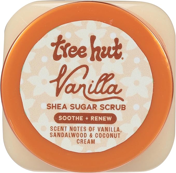 Tree Hut Mini Vanilla Shea Sugar Scrub, Exfoliating & Hydrating Body Scrub with Shea Butter & Essential Oils, Smooth Skin, For All Skin Types, Vegan, Travel Size, 3.4 oz
