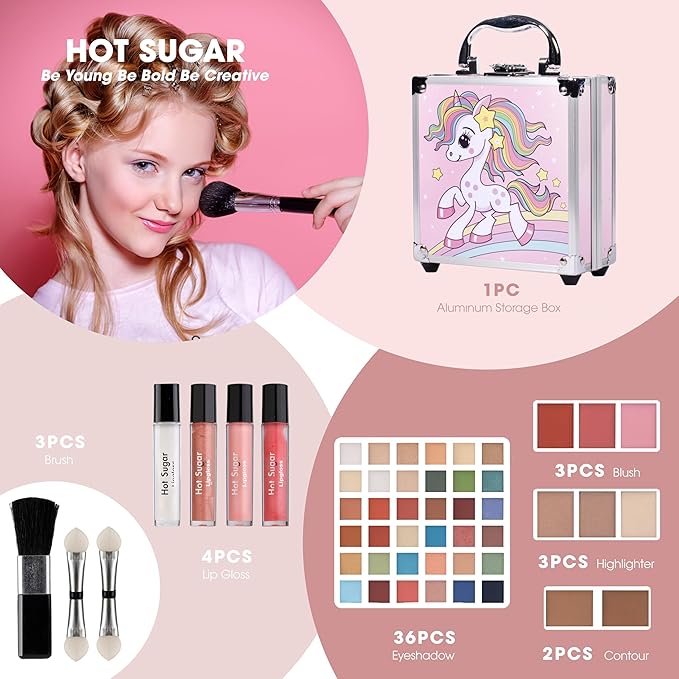 Hot Sugar Girls Makeup Kit for Teenagers 13-15 Includes Eyeshadow Lip Gloss Blush Highlighter Contour Brush (Pink Unicorn)