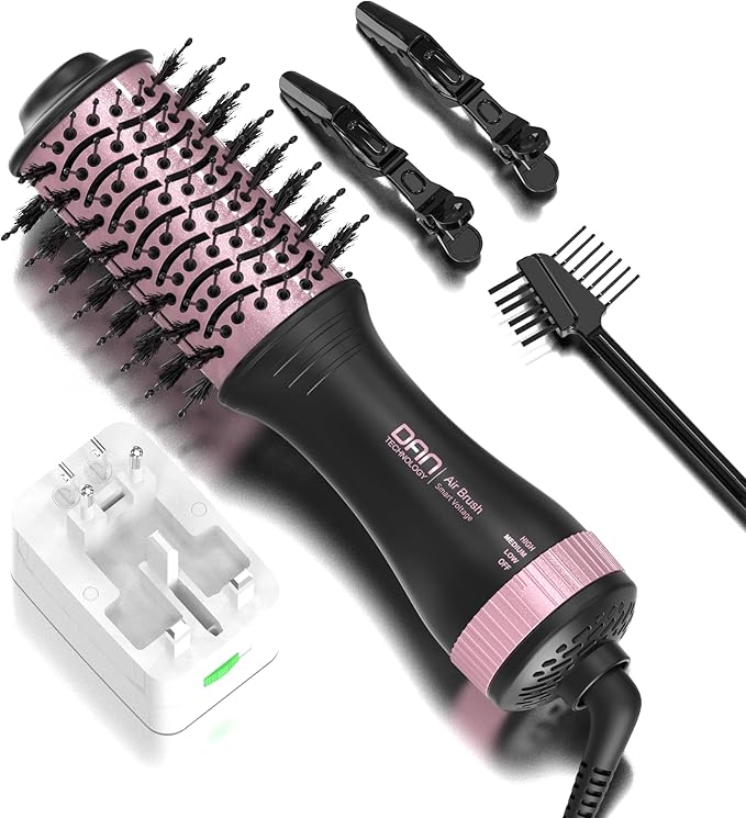DAN (100V-240V) Auto Dual Voltage Hair Dryer Brush,Travel Hair Dryer Brush with Multi-Function Plug Adapter,Mini Blow Dryer Brush for Home and International Travel