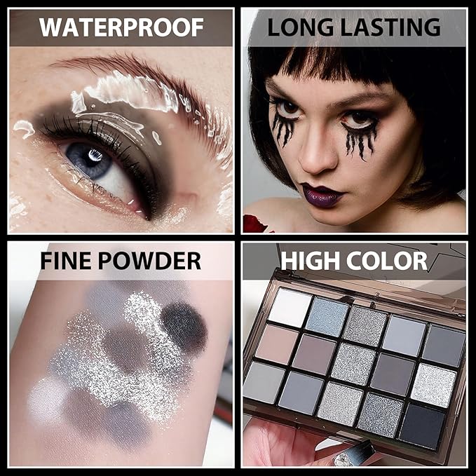 Black Smokey Grey Eyeshadow Palette, 15 Colors Shimmer Matte Eye Shadow Makeup Palette, Colorful Long Lasting High Pigmented Dark Grey Glitter Eyeshadow Palette for Daily,Goth Makeup and Halloween
