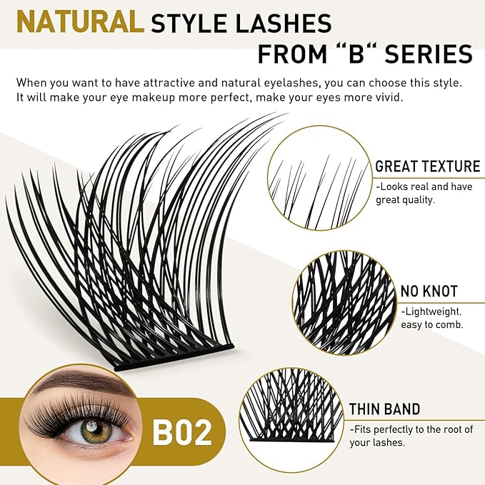 Lash Clusters B02 D Curl 16mm DIY Eyelash Extensions 72 Clusters Lashes B&Qaugen Mega Volume Individual Lashes Eyelash Clusters Extensions Wispy Individual Lashes Cluster DIY at Home (NM-D-16mm)