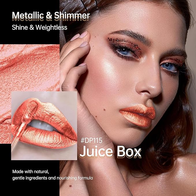 Depuplum Peach Red Lipsticks for Women Metallic Lipstick Long Lasting Shimmer Lip Gloss Metal Shine Glitter Waterproof Lipsticks Full Coverage Lip Color for Mother's Day,DP115 Juice Box