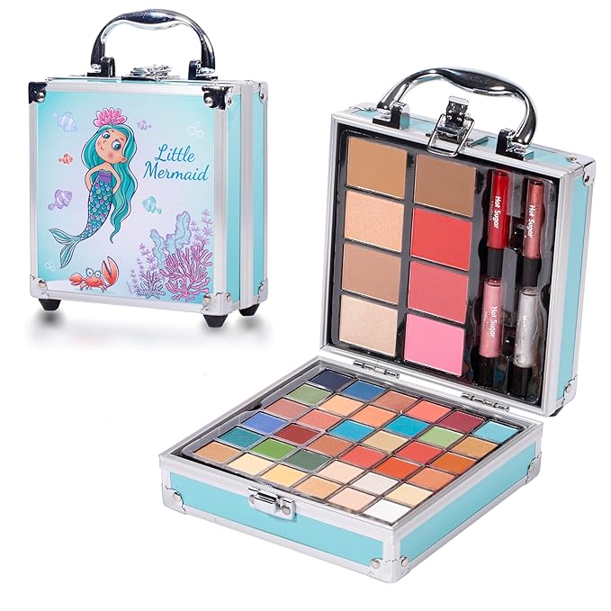 Hot Sugar Girls Makeup Kit for Teenagers 13-15 Includes Eyeshadow Lip Gloss Blush Highlighter Contour Brush (Blue Mermaid)