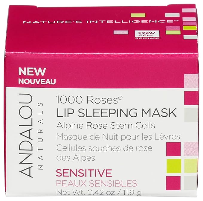 Andalou Naturals Mask 1000 ROSES, Overnight Sleeping Mask for Dry, Chapped Lips, Plumping, Hydrating & Soothing Balm with Alpine Rose Stem Cells, Vegan & Cruelty-Free, 0.42 O