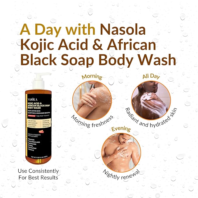 Nasola African Black Soap Body Wash with Kojic Acid, Vitamin C, Retinol, Niacinamide, Shea Butter, Collagen & Hyaluronic Acid – Deep Cleansing, Skin Clarifying & Hydrating Men & Women Body Wash
