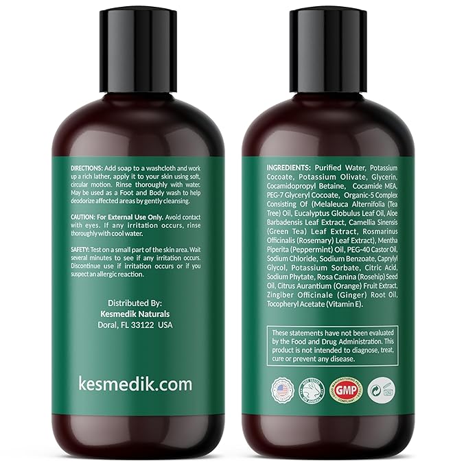 KESMEDIK Tea Tree Oil Soap Body Wash with Peppermint for Foot & Body, Antifungal & Antibacterial Support Cleanser, Helps Soothe Ringworm, Athlete’s Foot, Jock Itch, Acne & Body Odors