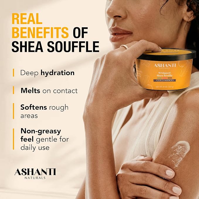 Ashanti Naturals Scented Whipped Shea Butter | African Body Butter for Men w/Coconut and Almond Oil (Coco Mango Souffle, 8 oz)
