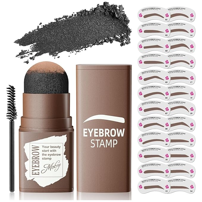 Eyebrow Stamp Stencil Kit - Eye Brow Stencil Kit for Beginners, Brow Stencil and Stamp Kit Long-lasting, Smudge-Proof & Waterproof, 24 Reusable Eyebrow Shapes Stencils for Perfect Brow (Dark Black)
