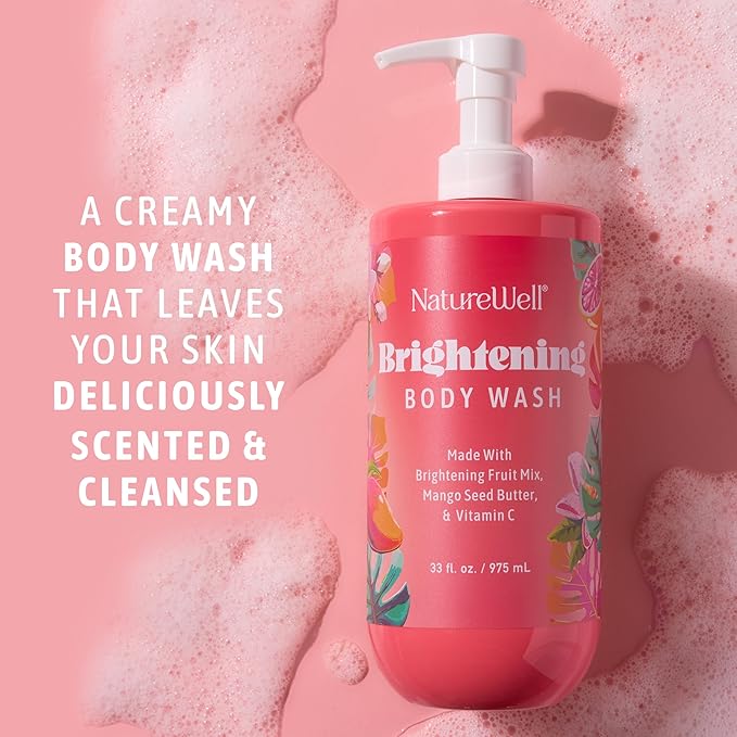 NATURE WELL Brightening Body Wash, Gentle & Creamy Formula Enriched with Mango Seed Butter & Vitamin C, Promotes a Luminous & Healthy-Looking Glow, Orange Zest, Blushed Rose, & Vanilla Scent, 33 Oz